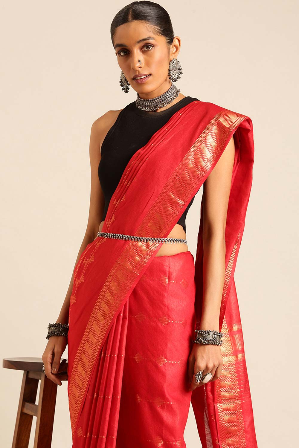 Red Silk Blend Woven Saree