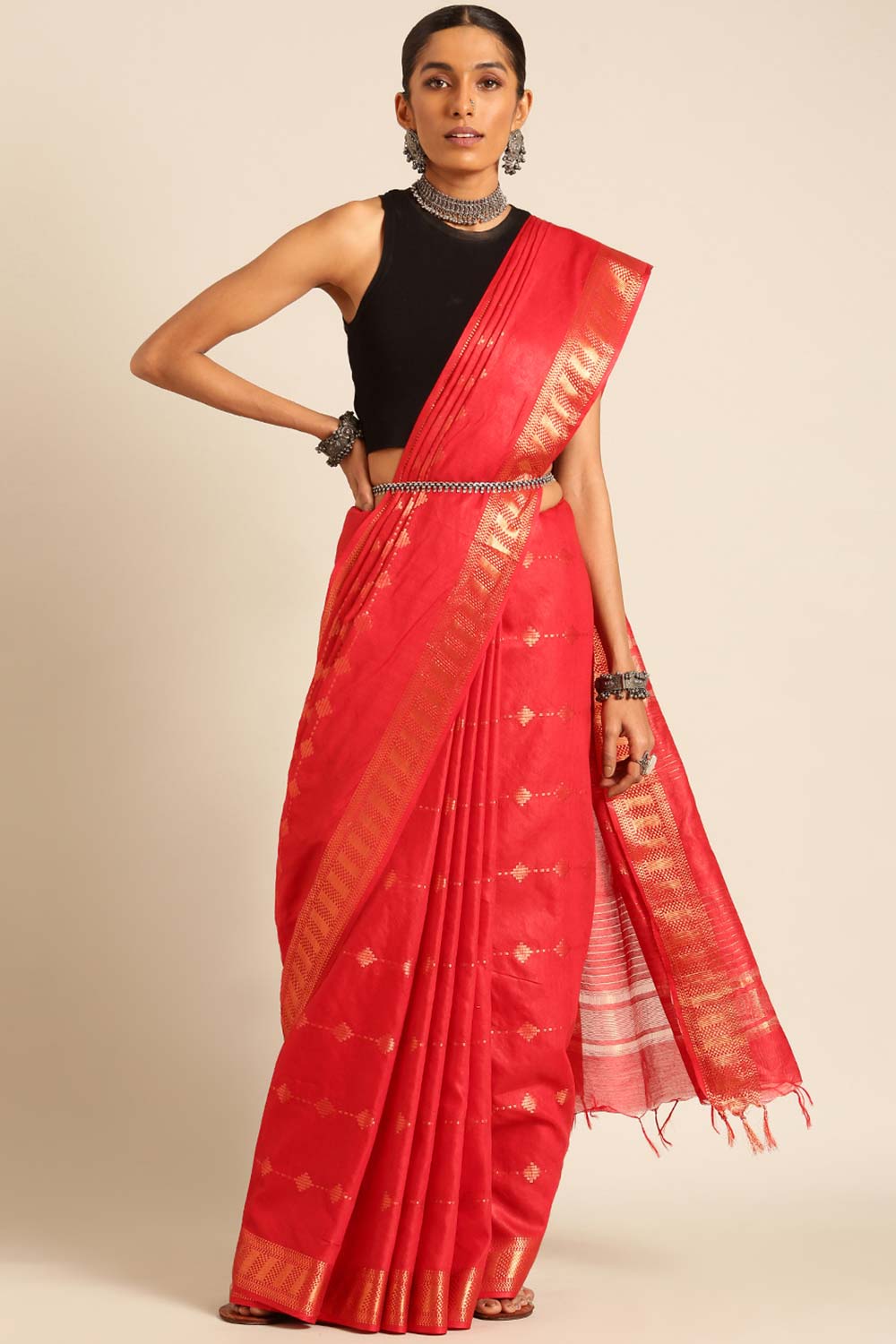 Red Silk Blend Woven Saree