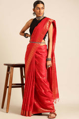 Red Silk Blend Woven Saree