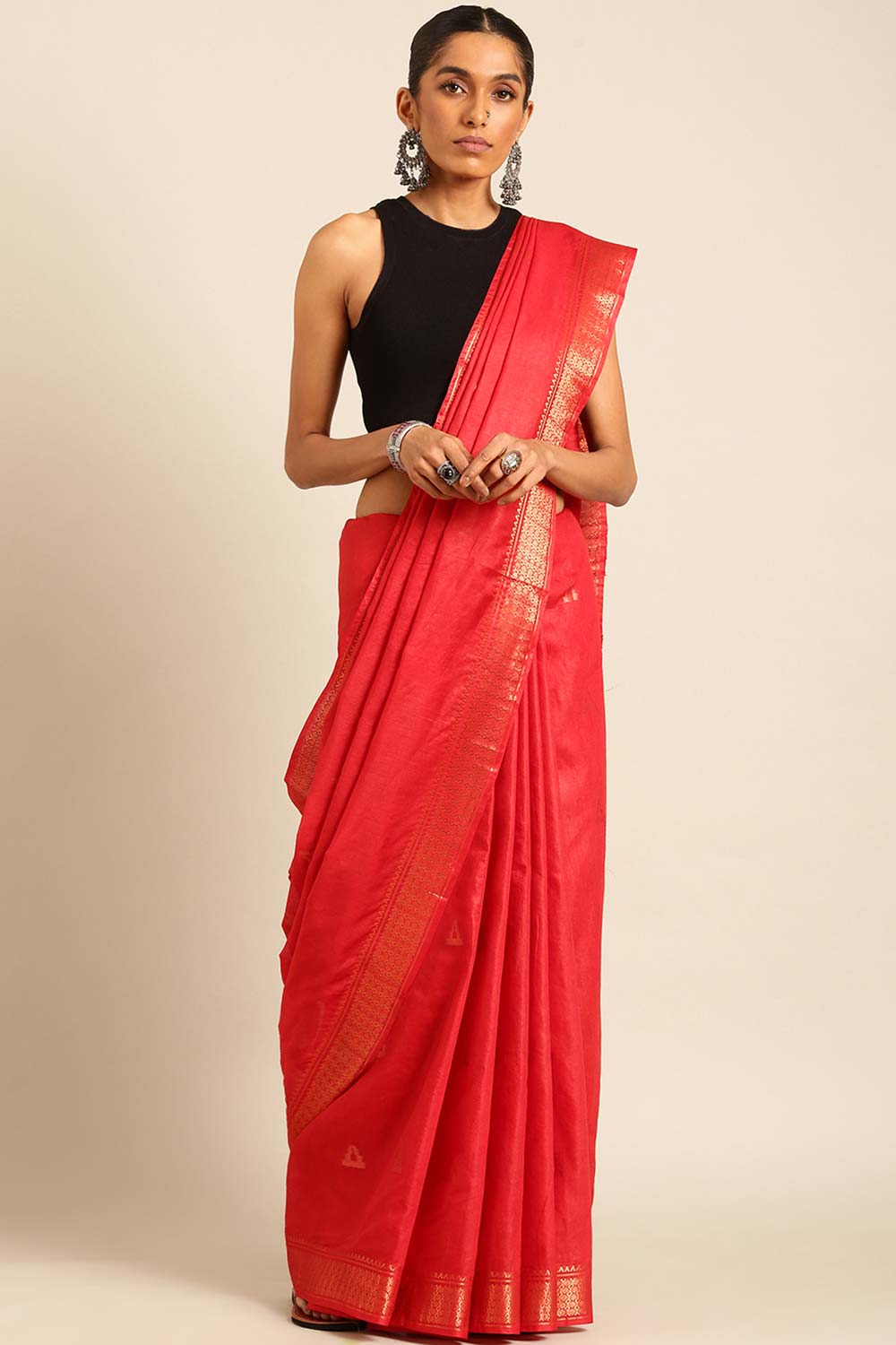 Red Silk Blend Woven Saree