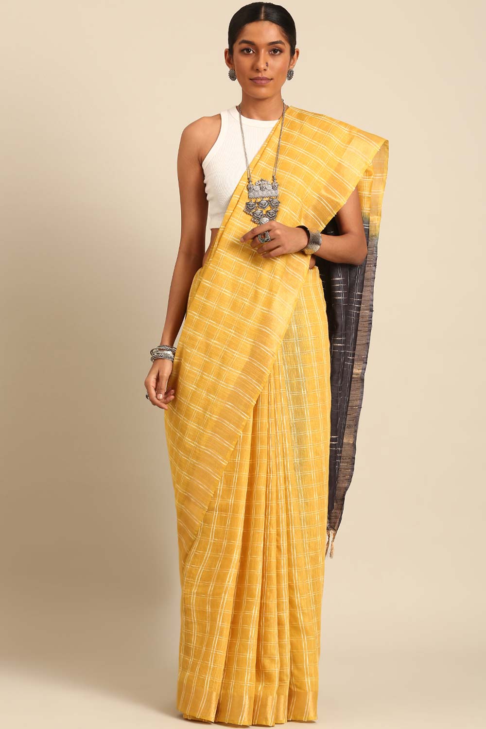 Yellow Silk Blend Woven Saree