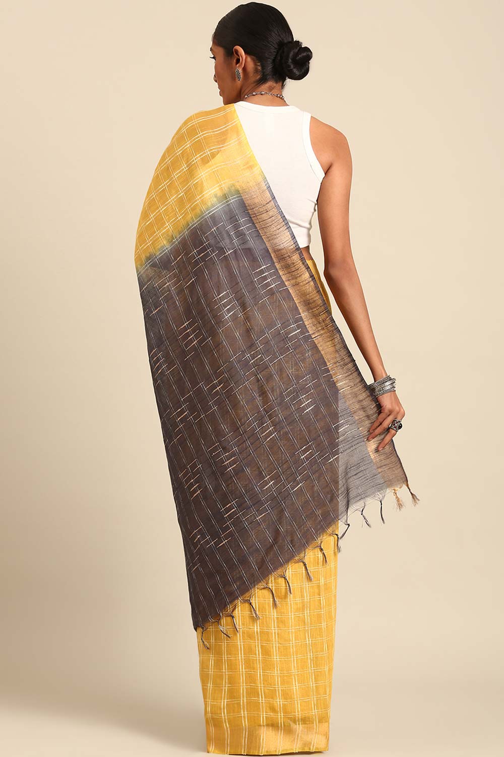 Yellow Silk Blend Woven Saree