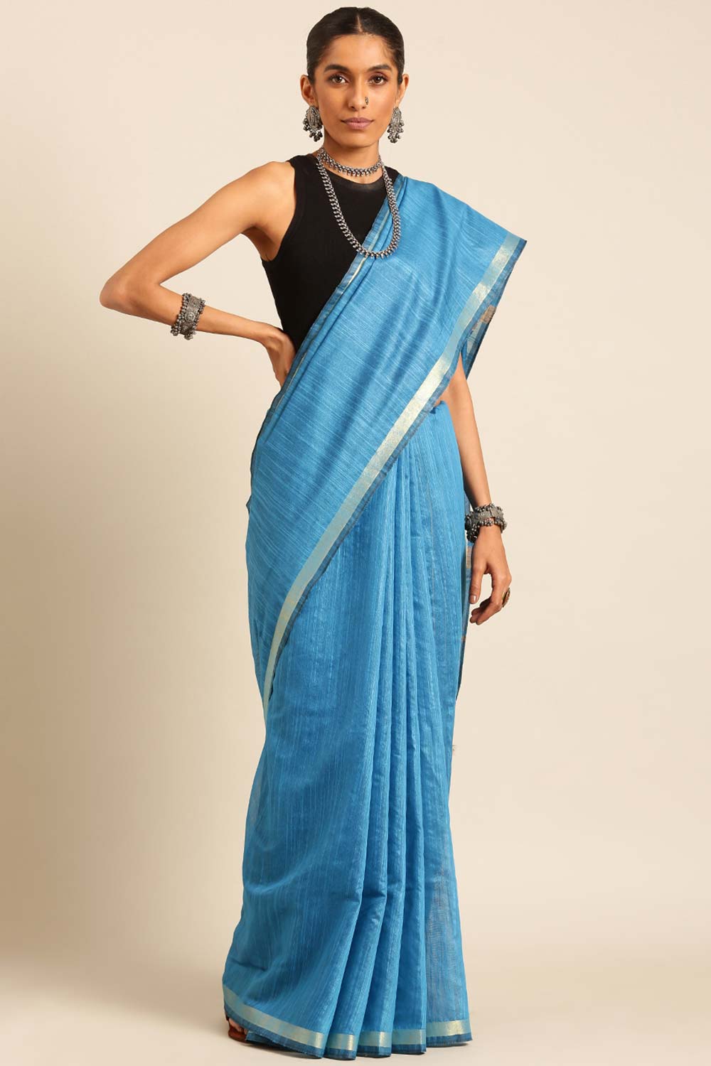 Blue Silk Blend Woven Saree