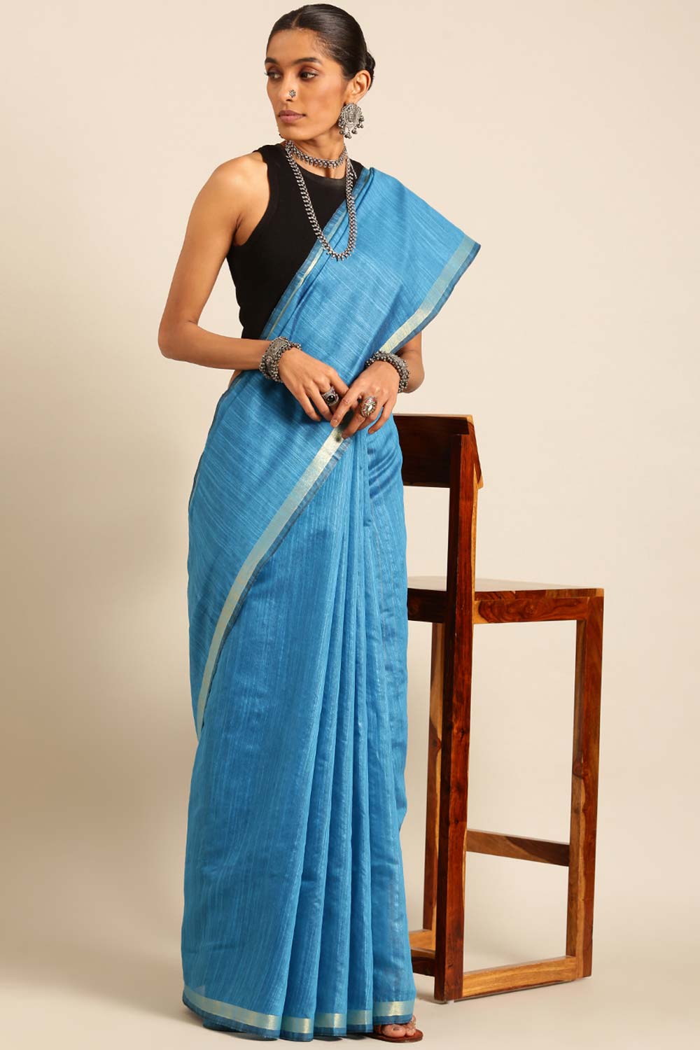 Blue Silk Blend Woven Saree