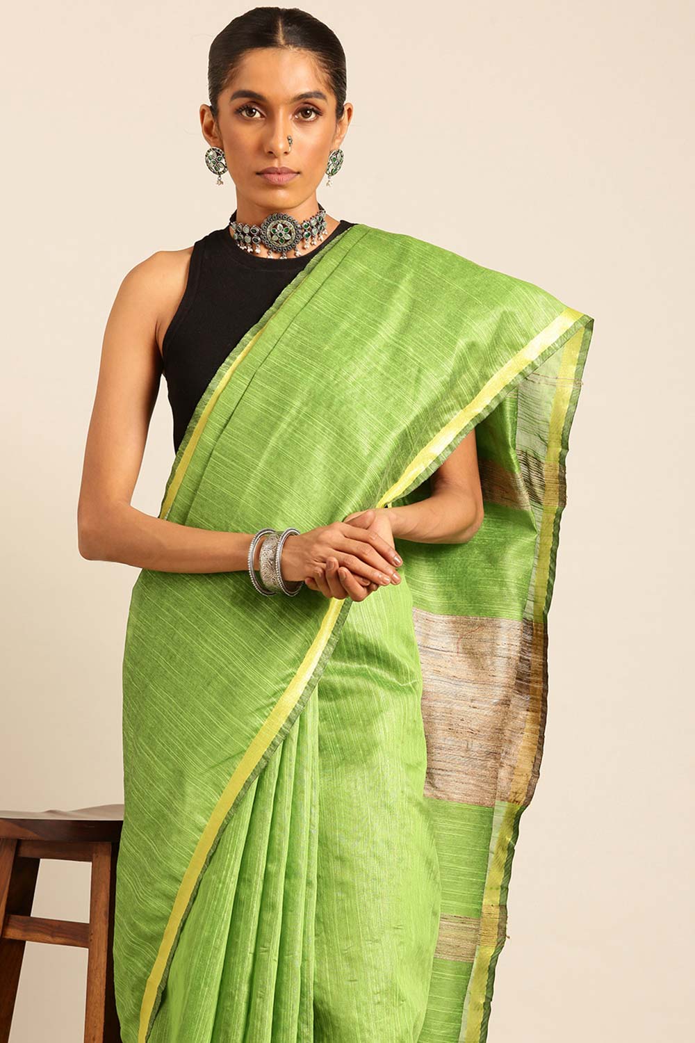 Green Silk Blend Woven Saree