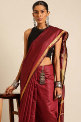 Maroon Silk Blend Woven Saree