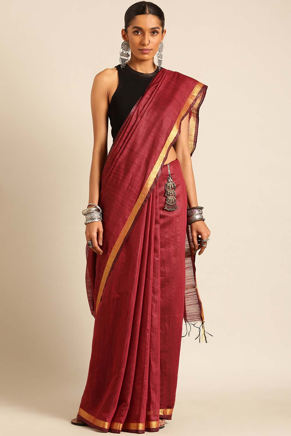 Maroon Silk Blend Woven Saree