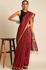 Maroon Silk Blend Woven Saree