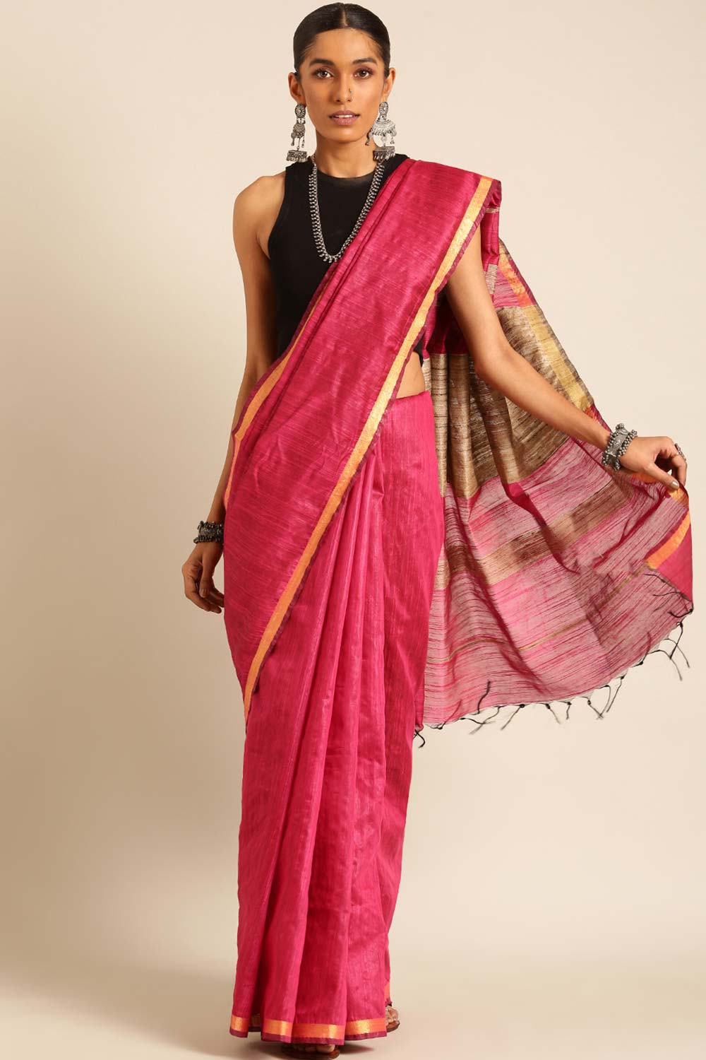 Pink Silk Blend Woven Saree