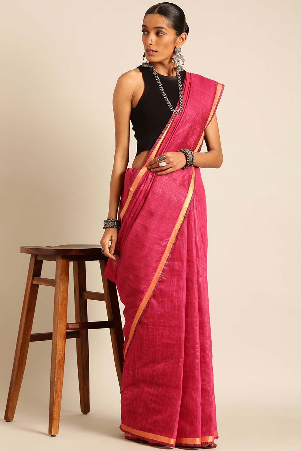 Pink Silk Blend Woven Saree