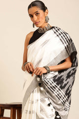 White Linen Blend Woven Saree