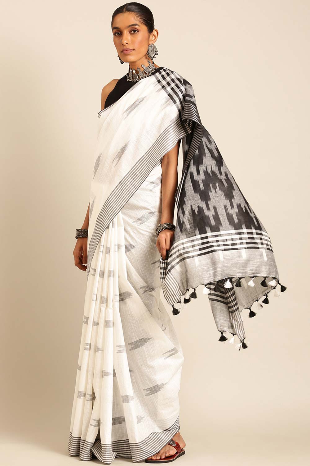 White Linen Blend Woven Saree