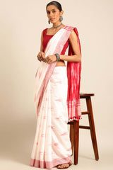 White Linen Blend Woven Saree