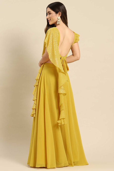 Yellow Poly Georgette Flared Skirt With Crop Top