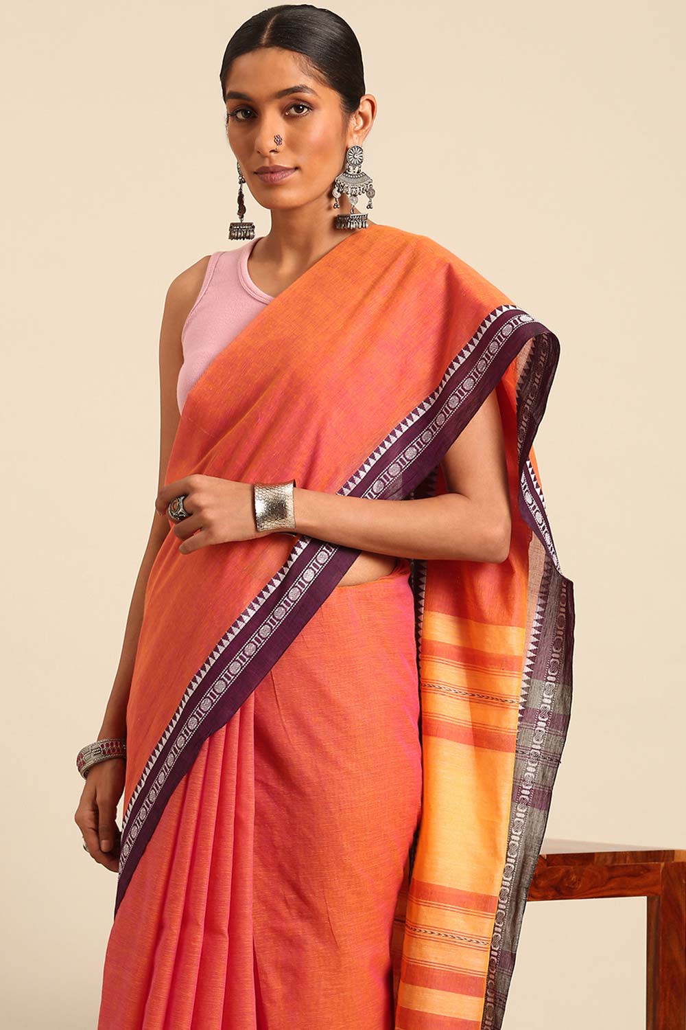 Peach Pure Cotton Woven Saree