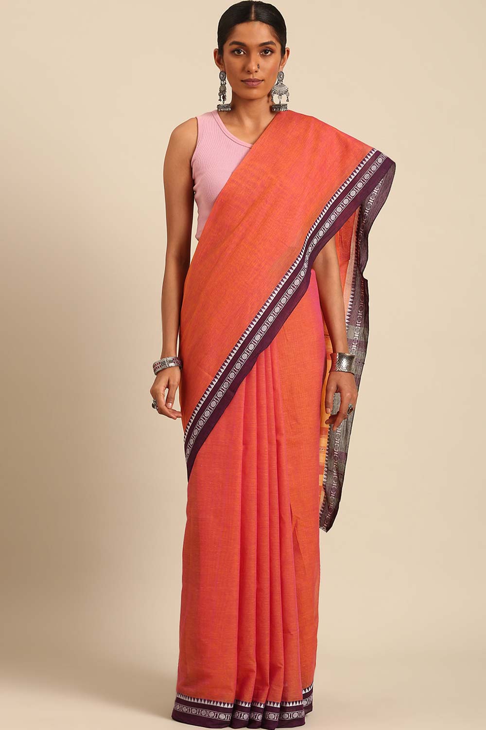 Peach Pure Cotton Woven Saree