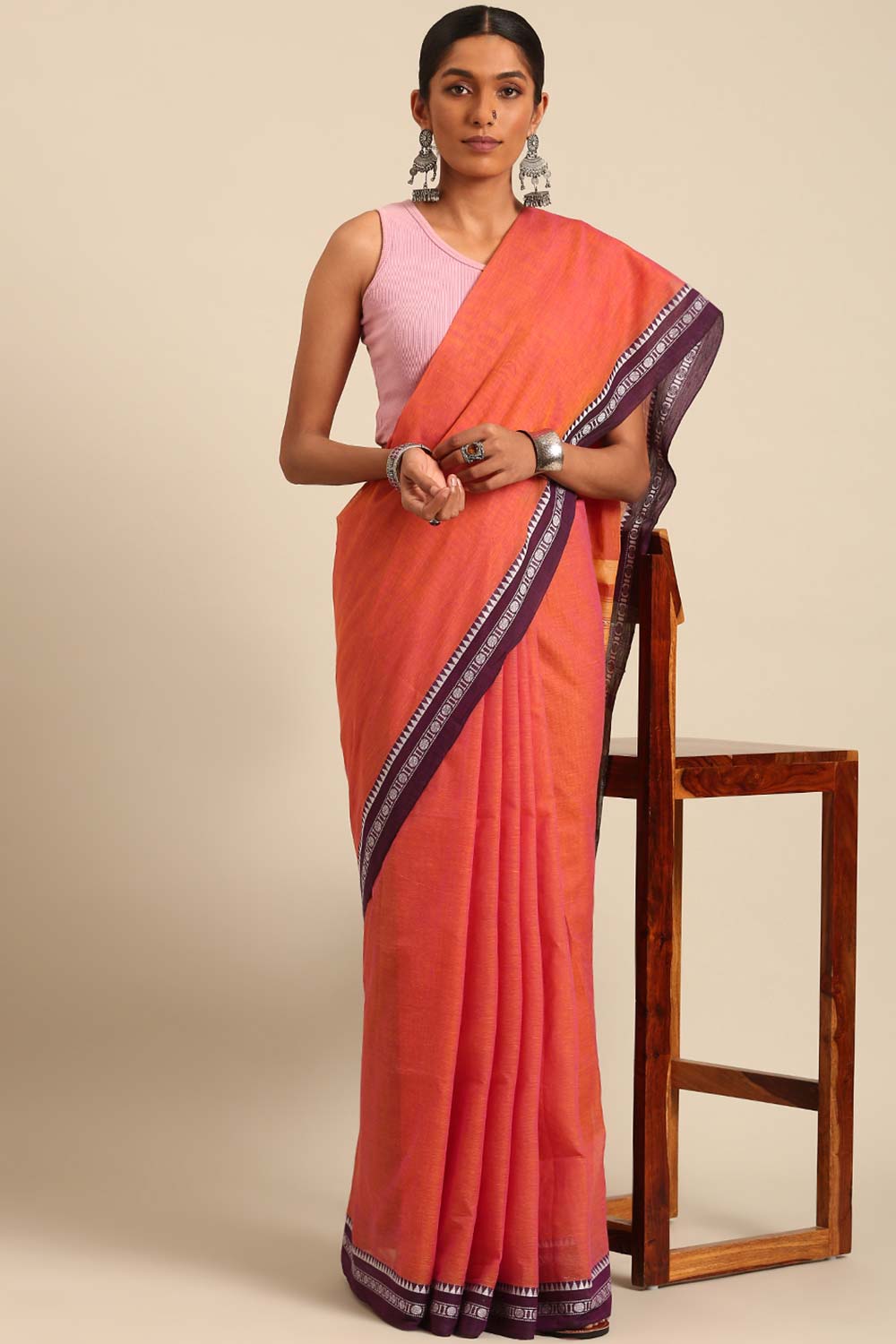 Peach Pure Cotton Woven Saree