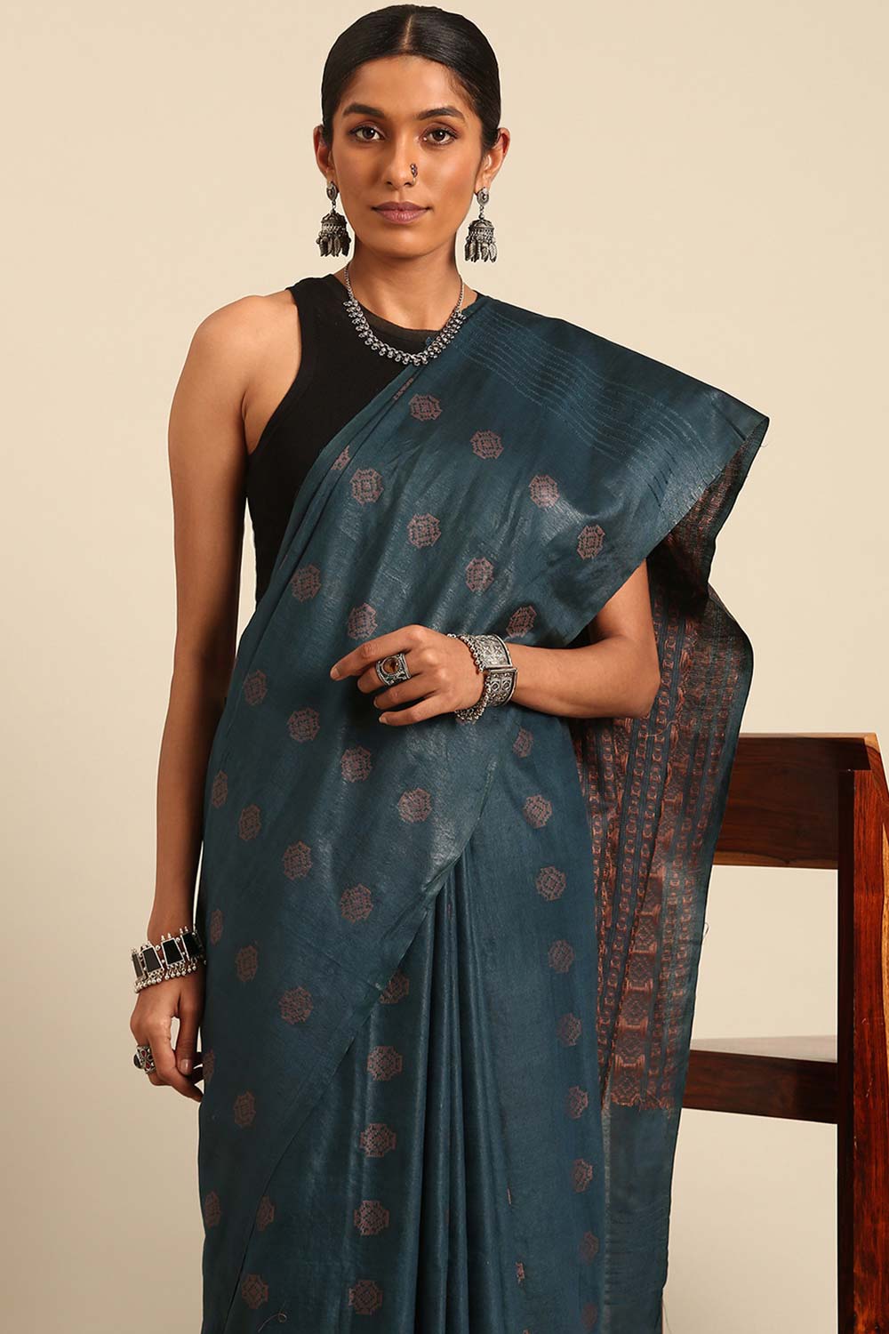 Blue Silk Blend Woven Saree