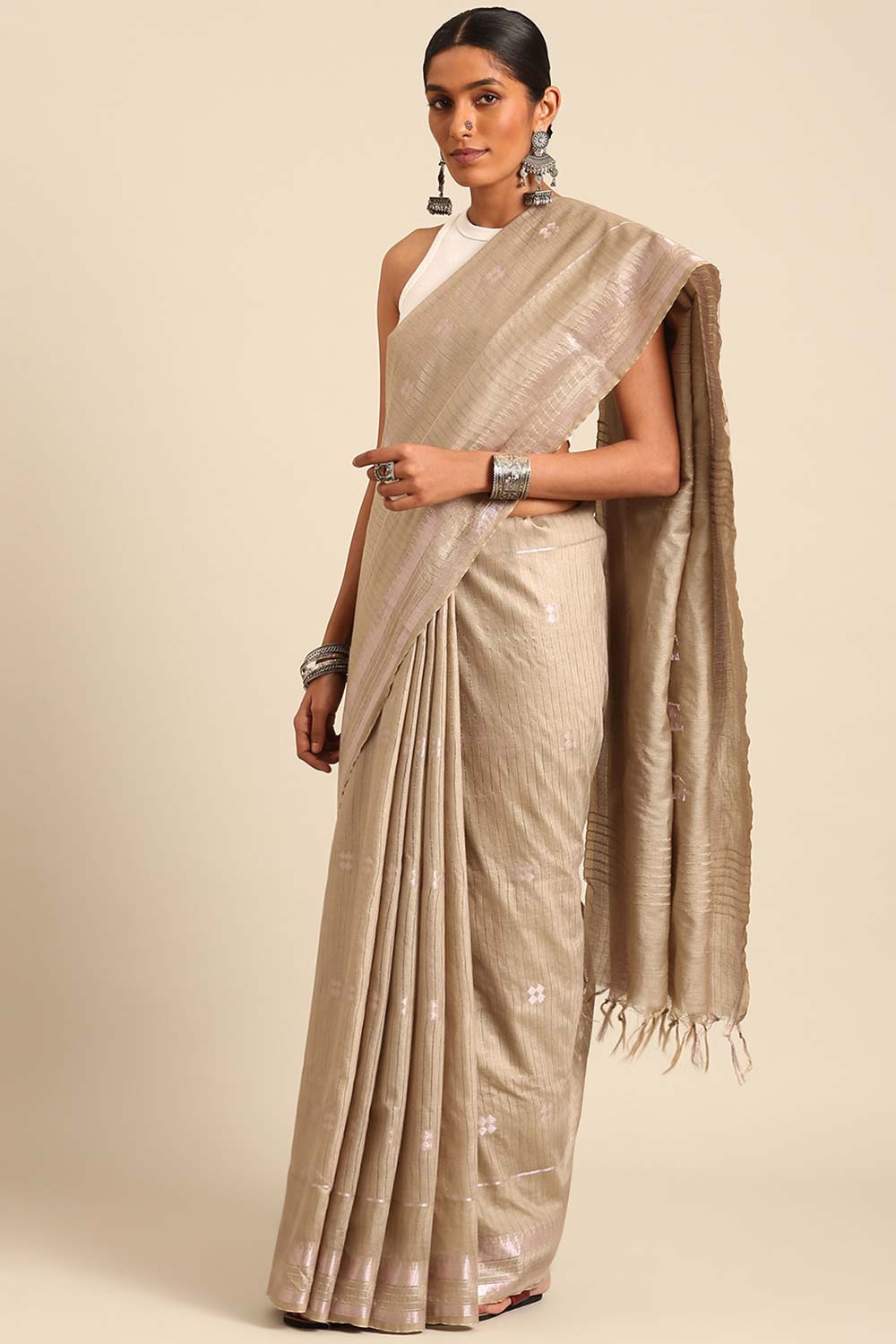 Off White Silk Blend Woven Saree