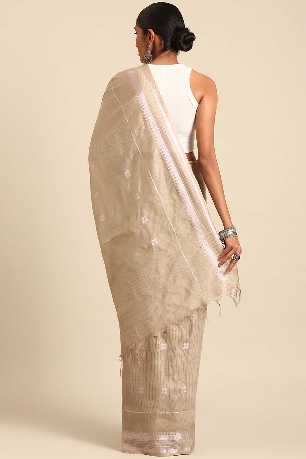 Off White Silk Blend Woven Saree