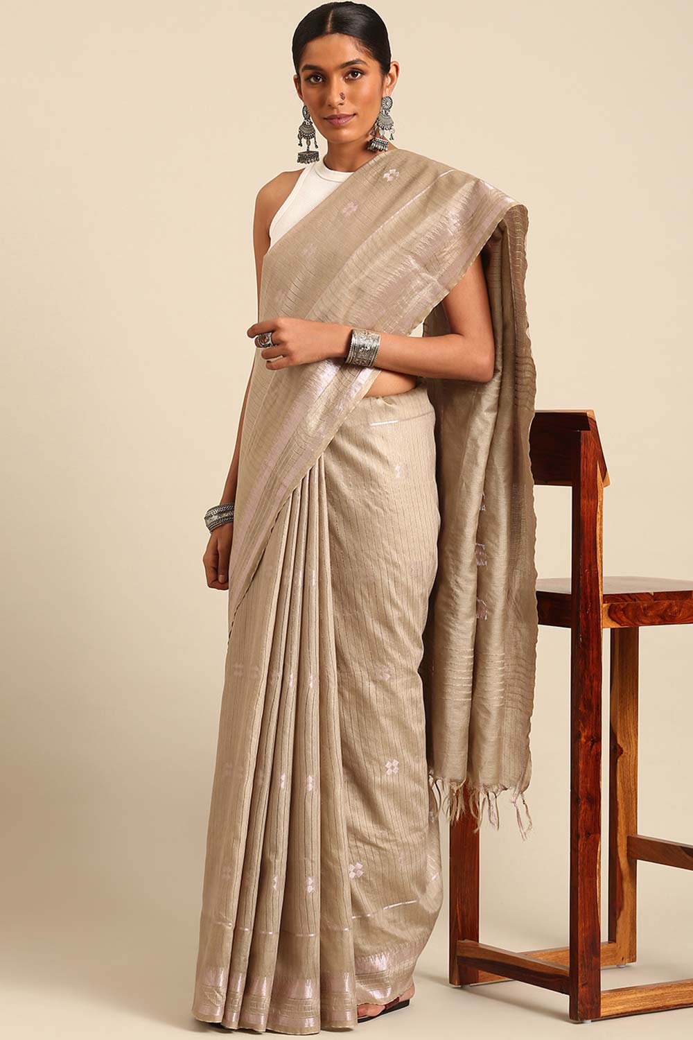 Off White Silk Blend Woven Saree