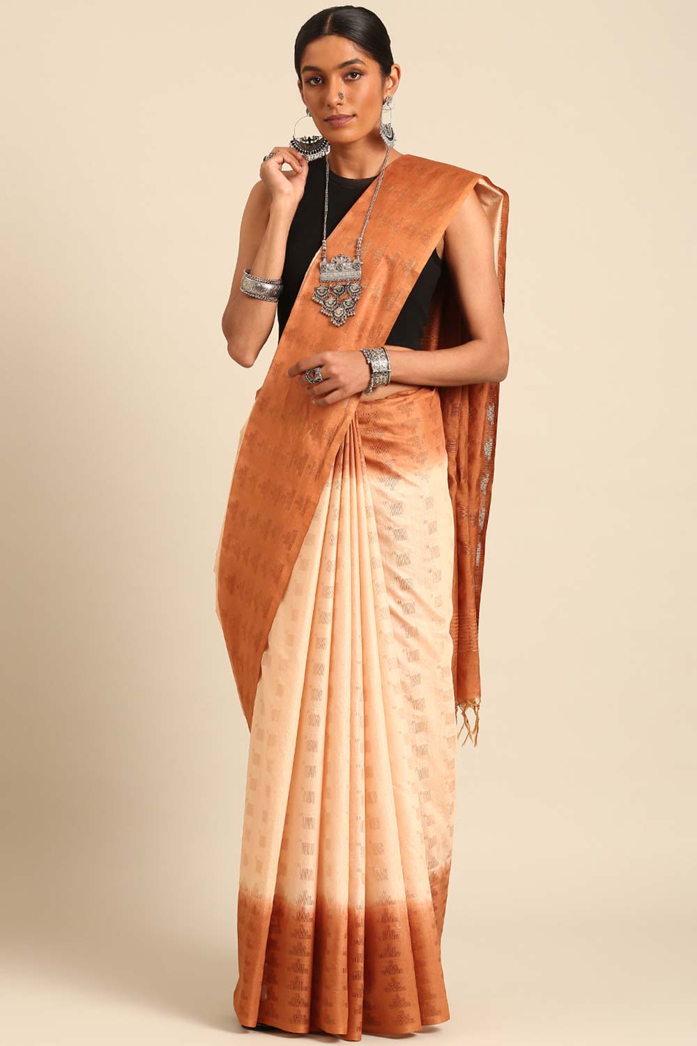 Off White Silk Blend Woven Saree