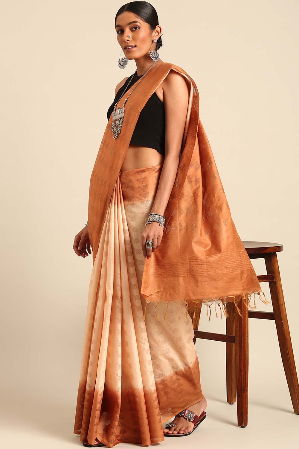 Off White Silk Blend Woven Saree