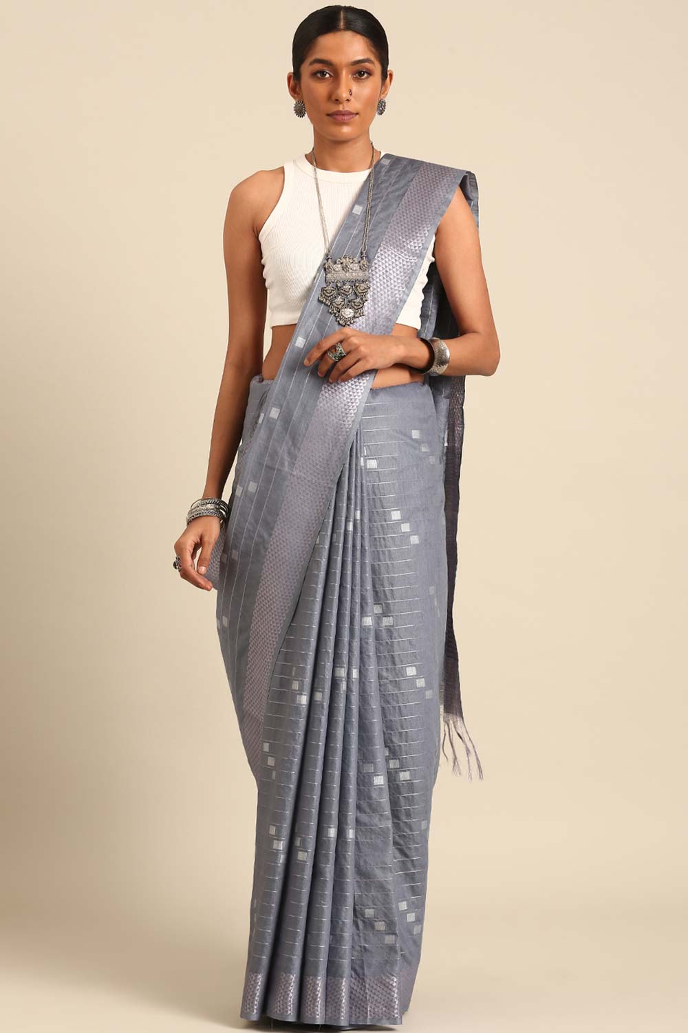 Grey Silk Blend Woven Saree