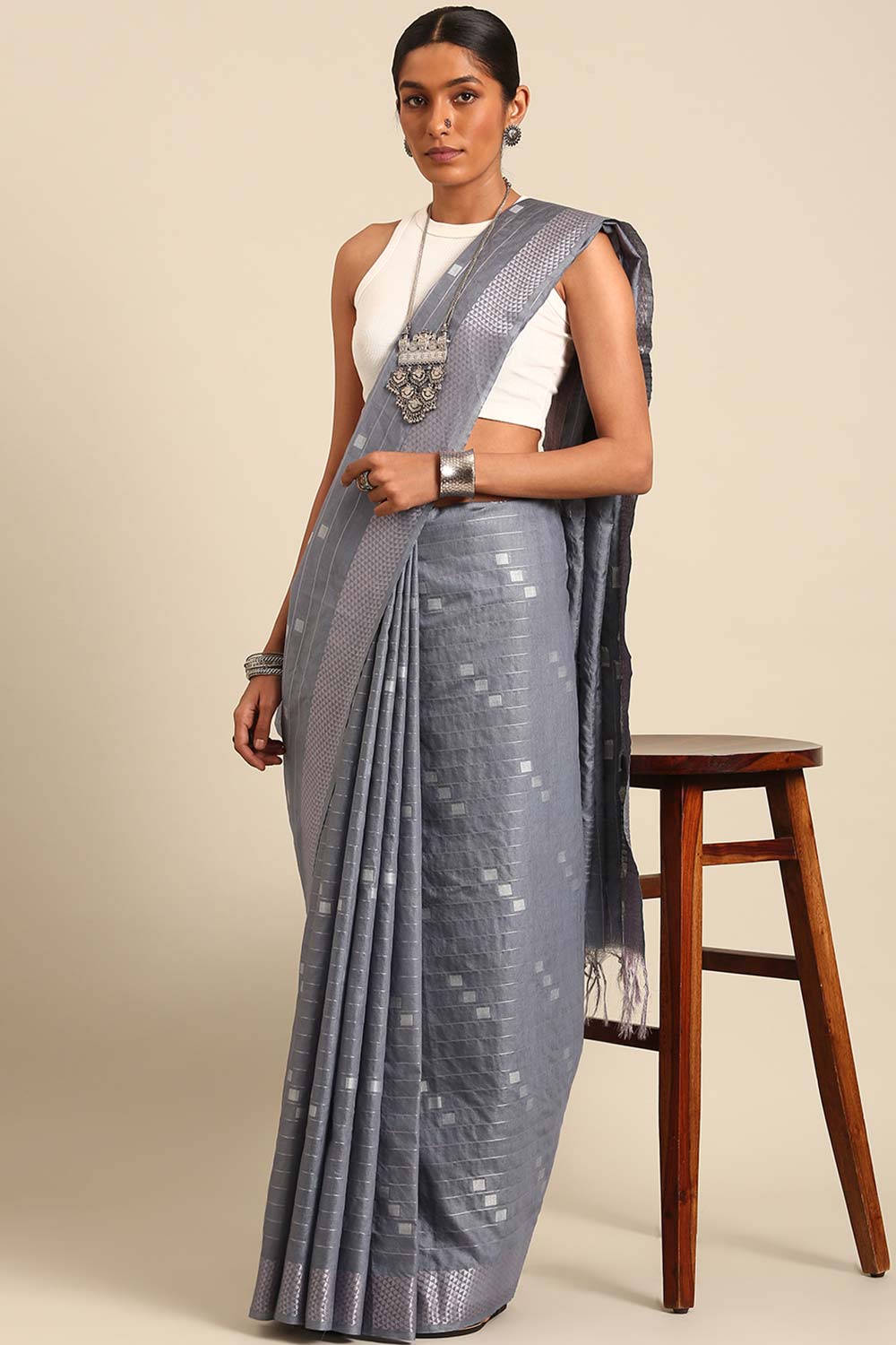 Grey Silk Blend Woven Saree