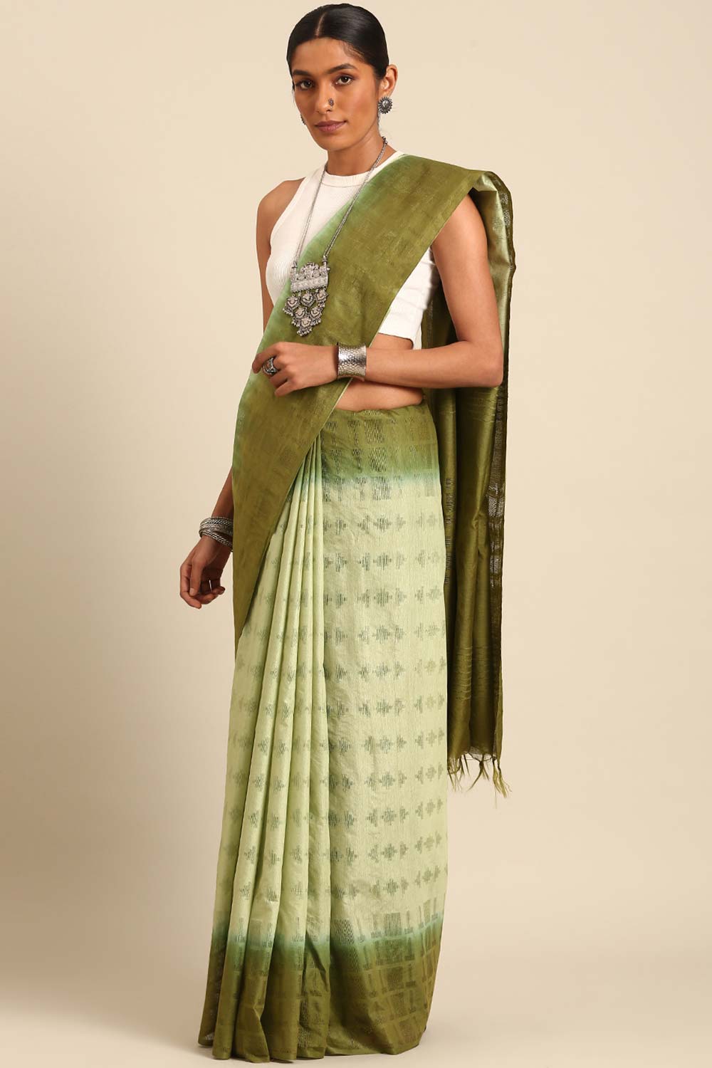 Green Silk Blend Woven Saree