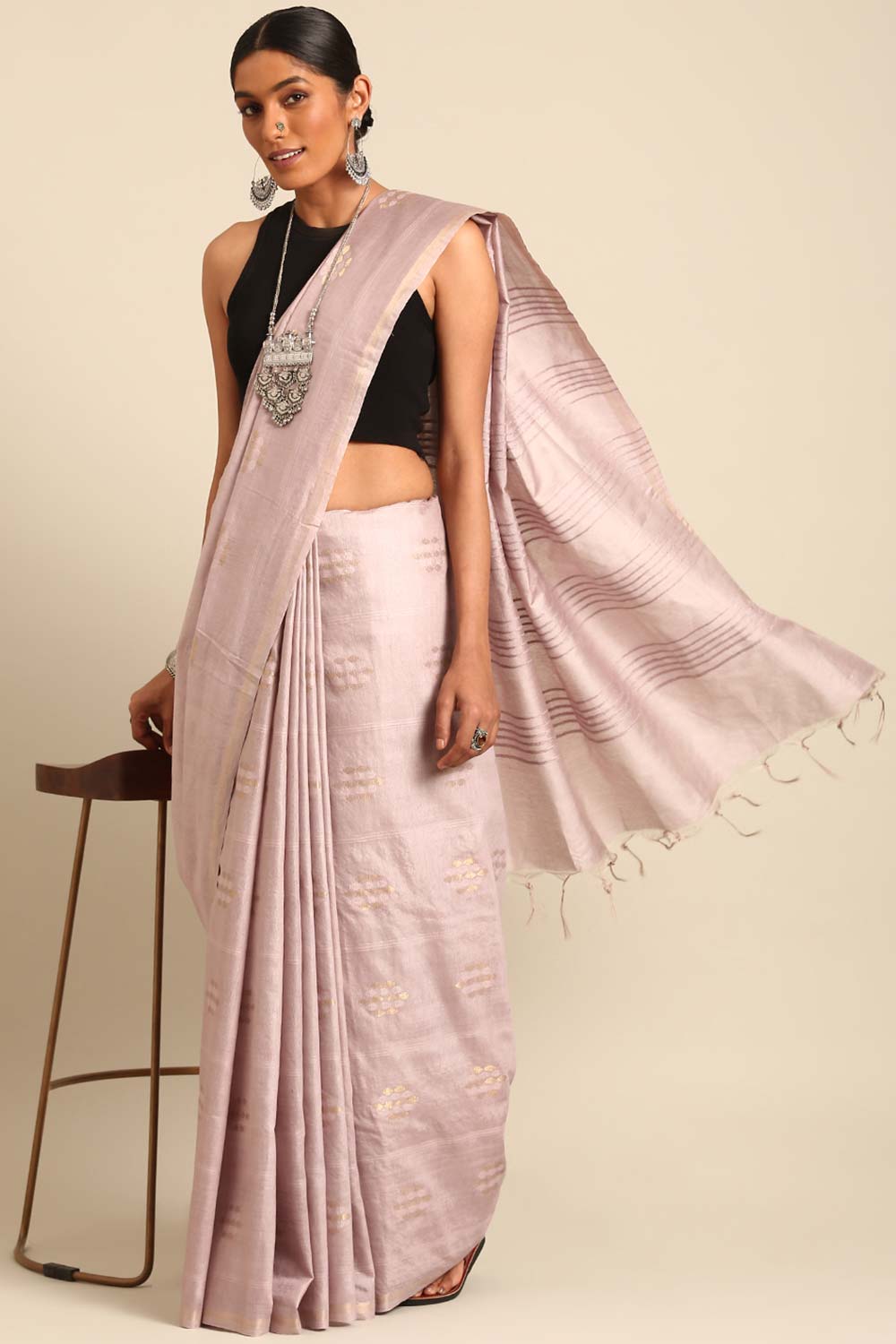 Peach Silk Blend Woven Saree