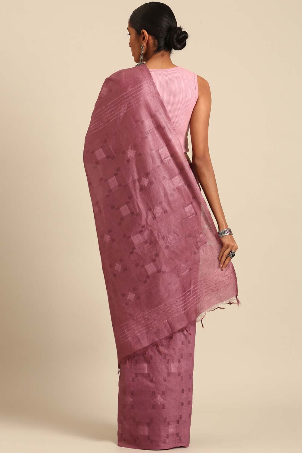 Peach Silk Blend Woven Saree