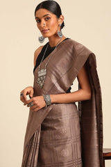 Brown Silk Blend Woven Saree