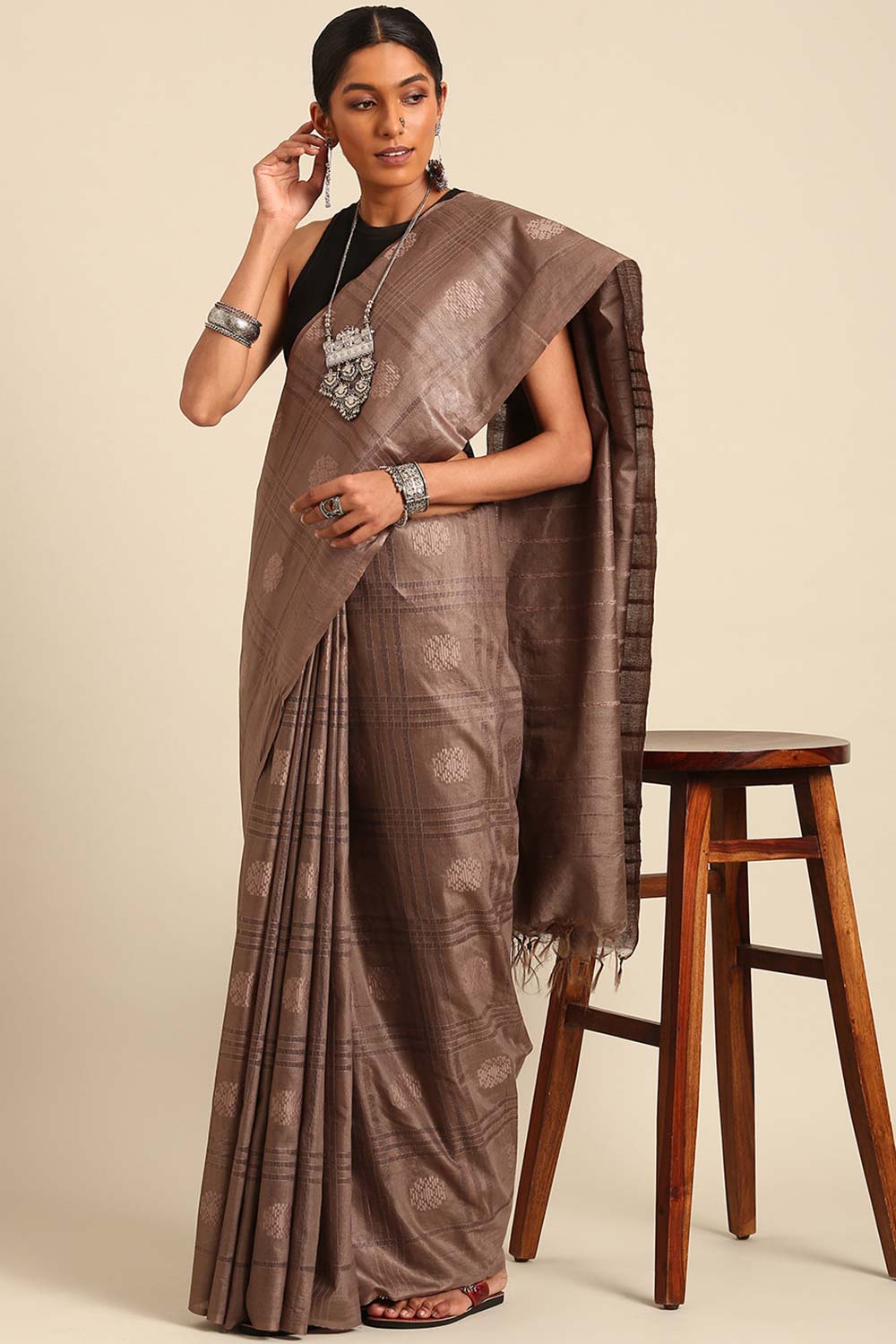 Brown Silk Blend Woven Saree