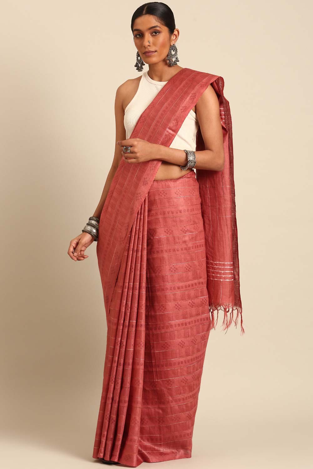 Brown Silk Blend Woven Saree