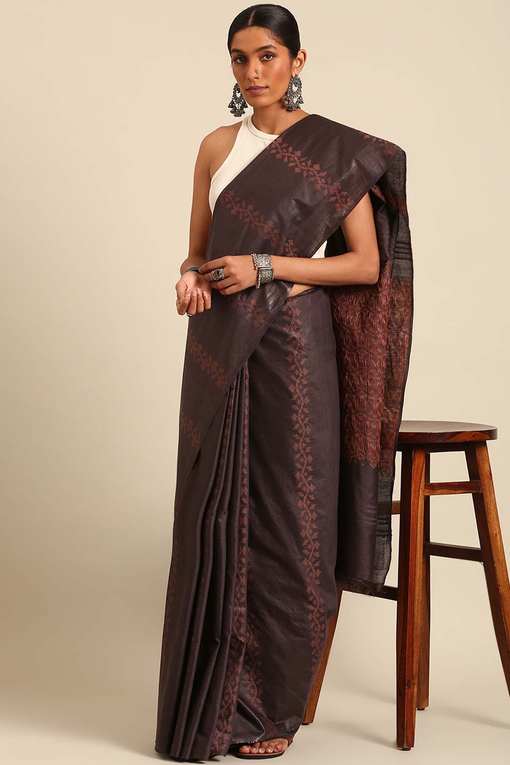 Brown Silk Blend Woven Saree