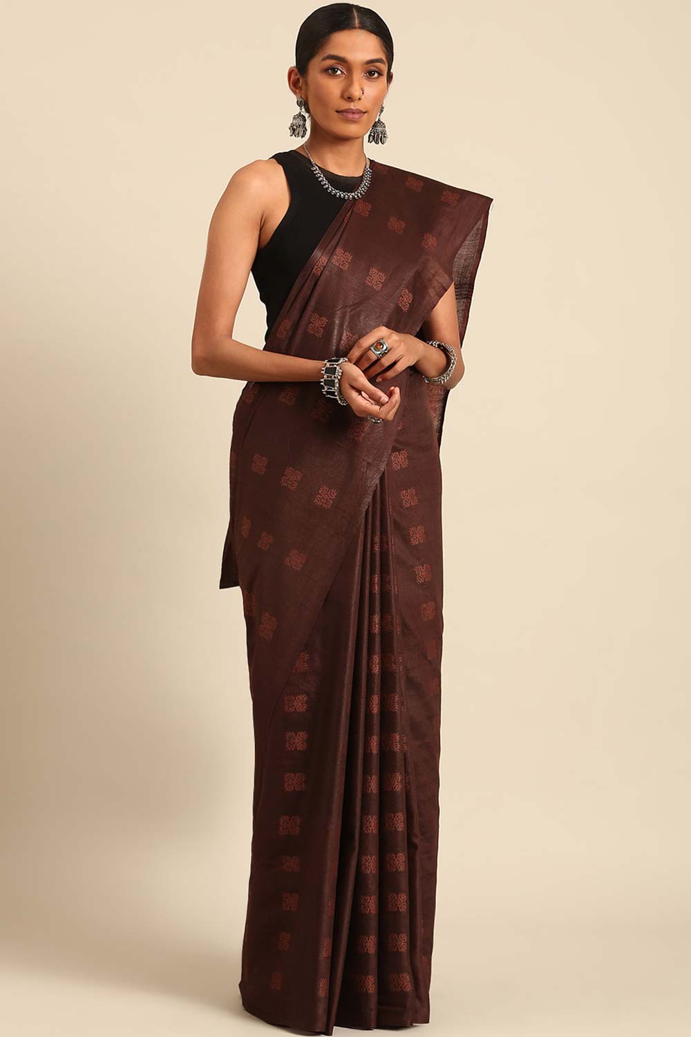 Brown Silk Blend Woven Saree