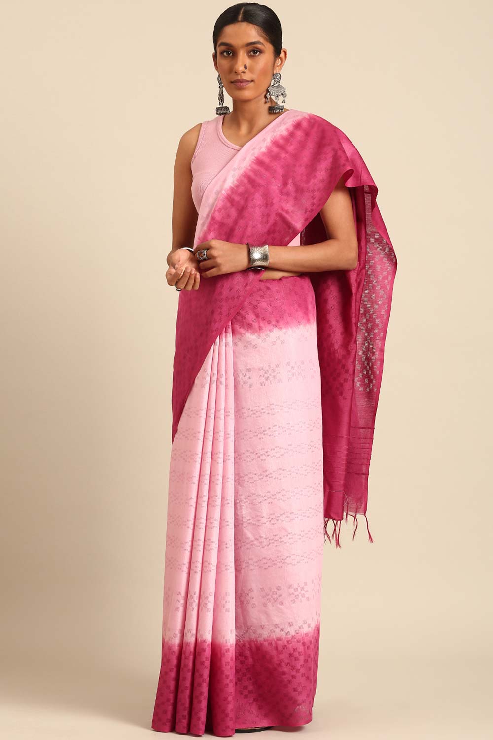 Pink Silk Blend Woven Saree