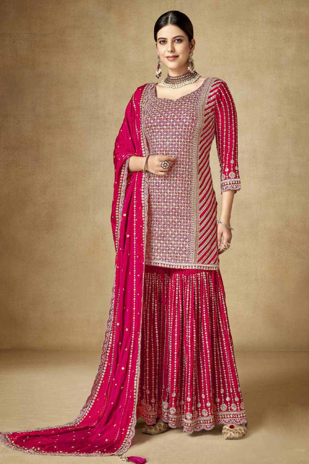 Rani pink Chiffon Embroidered Salwar Suits