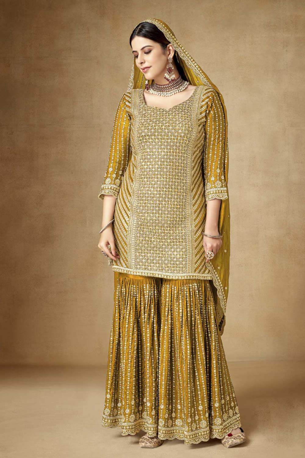Mustard Chiffon Embroidered Salwar Suits