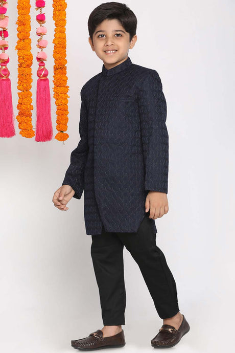 Buy Boy's Silk Blend Textured Indowestern Sherwani Set in Navy Blue - Front