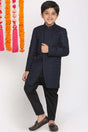 Buy Boy's Silk Blend Textured Indowestern Sherwani Set in Navy Blue