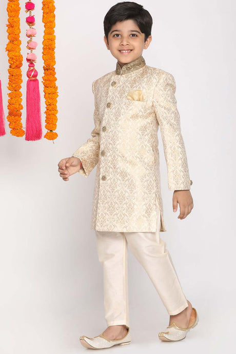 Buy Boy's Silk Blend Woven Design Sherwani Set in Gold - Front