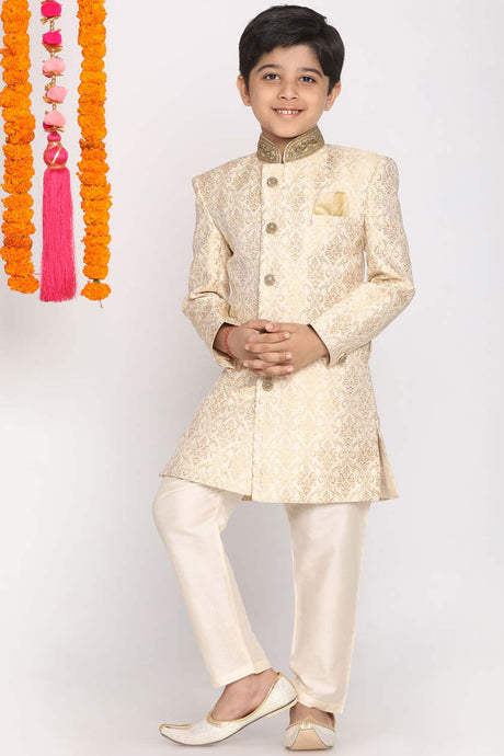 Buy Boy's Silk Blend Woven Design Sherwani Set in Gold
