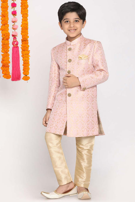 Buy Boy's Silk Blend Woven Design Sherwani Set in Pink