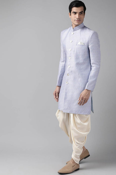 Buy Men's Blended Silk Woven Sherwani Set in Lavender - Front