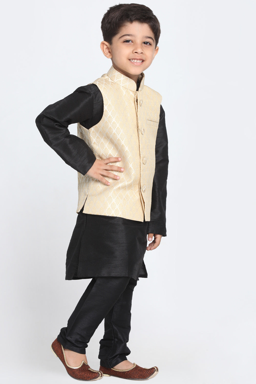 Boy's Cotton Art Silk Kurta Set In Beige