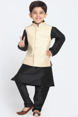 Boy's Cotton Art Silk Kurta Set In Beige