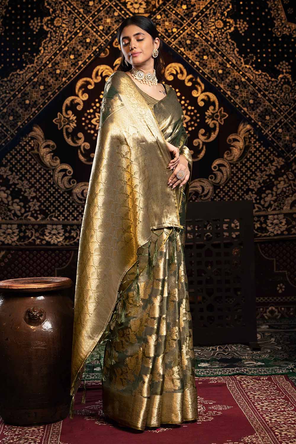 Grey Zari Velvet Saree