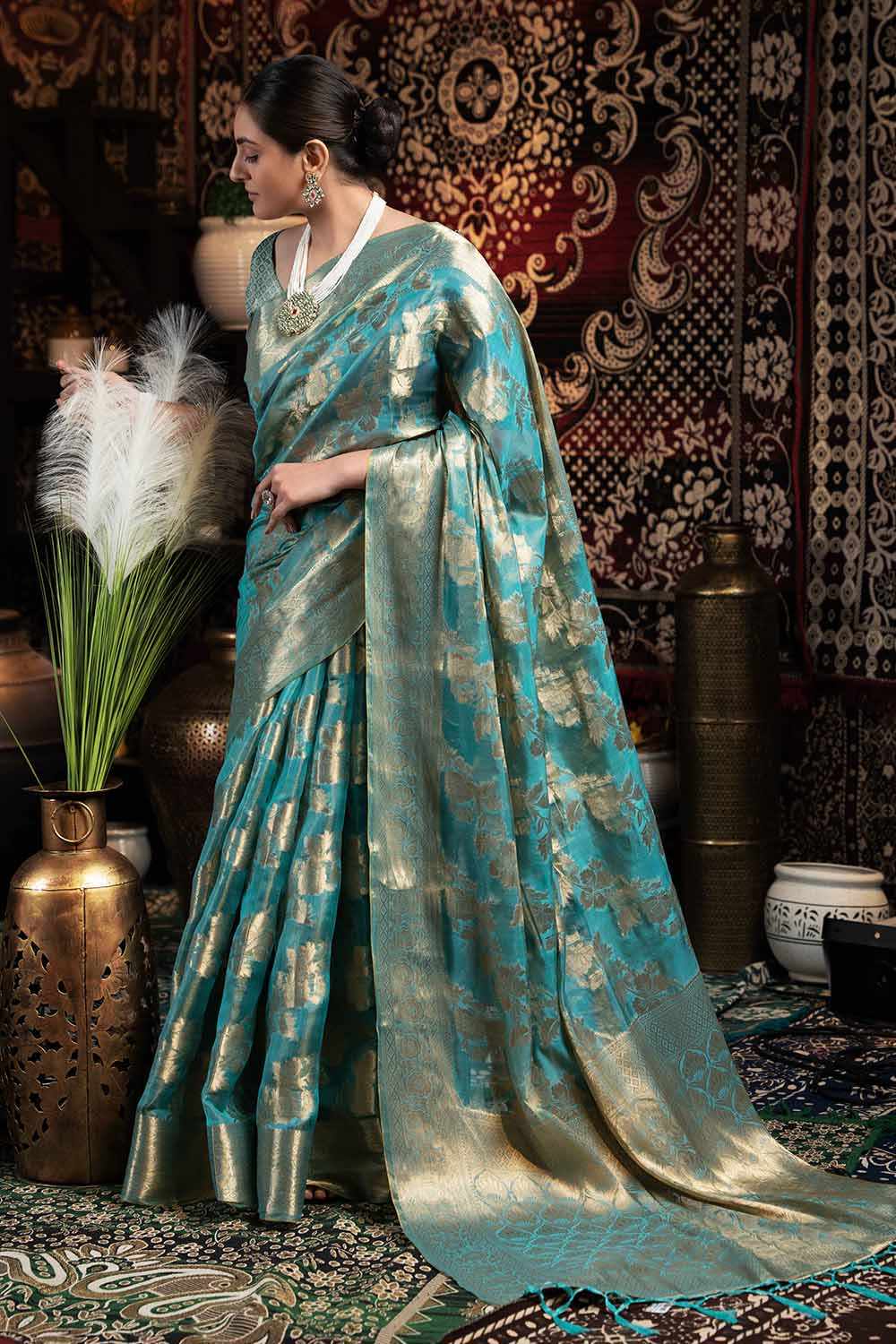 Blue Zari Velvet Saree